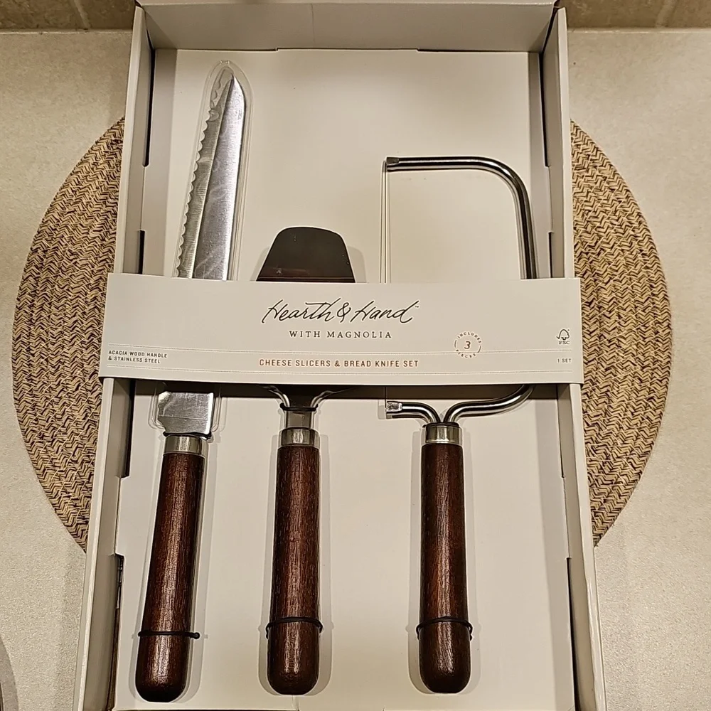 Hearth And Hand Wooden Cheese Board With Cloche & 3pc Cheese&Bread Knife Set